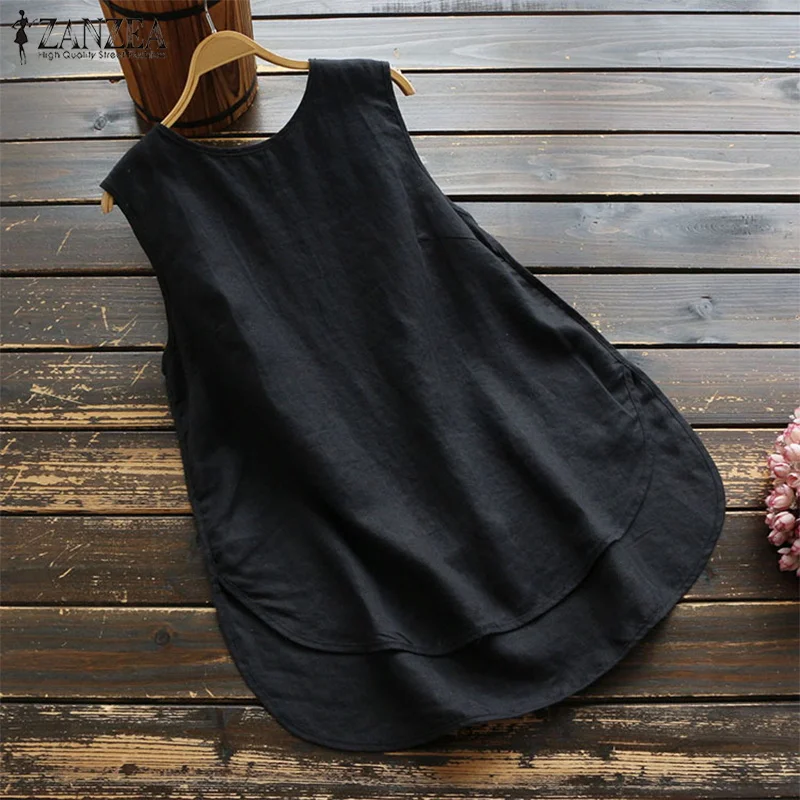 Топы-туники размера плюс, Женская Асимметричная блузка ZANZEA, стильные льняные блузы, женские летние рубашки без рукавов, рубашки-туники