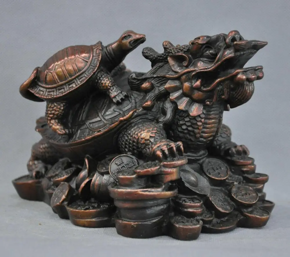 

SS 7'' China Fengshui Zodiac Dragon Turtle Walking Coins Bronze Statue