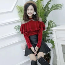 Модная осенне-зимняя Базовая футболка с длинными рукавами и круглым вырезом, женские топы, Повседневная футболка, женские осенние футболки с оборками, рубашки