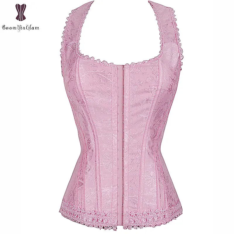 

Halterneck Pink Corset Top With G-String Jacquard Lace Up Overbust Bustier Halter Neck Corselet Women Outwear Fashion Korset