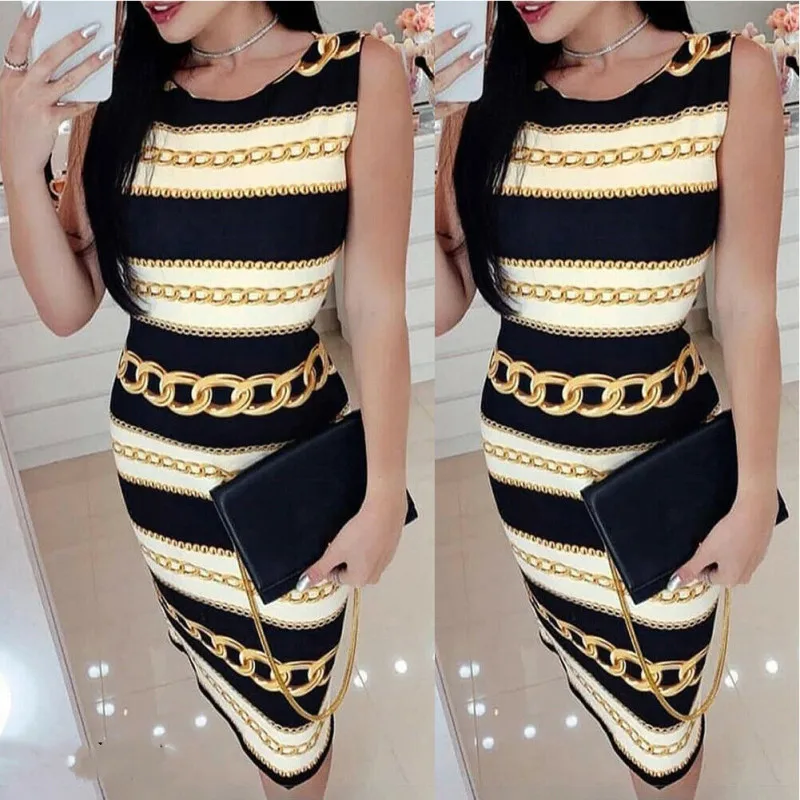 

New Women Printed Casual Polyester Bodycon Sleeveless Evening Party Casual Dress Fashion Bandage Long Dress O Neck