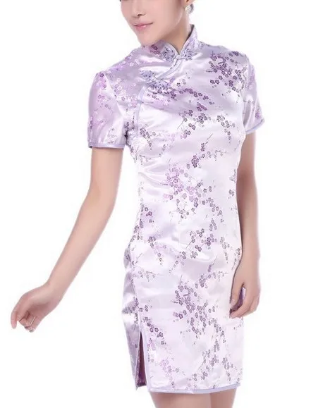 Винтажное элегантное мини платье Чонсам атласное с коротким рукавом китайское платье Ципао вышитое сливой Чонсам костюм Тан для женщин - Цвет: Purple