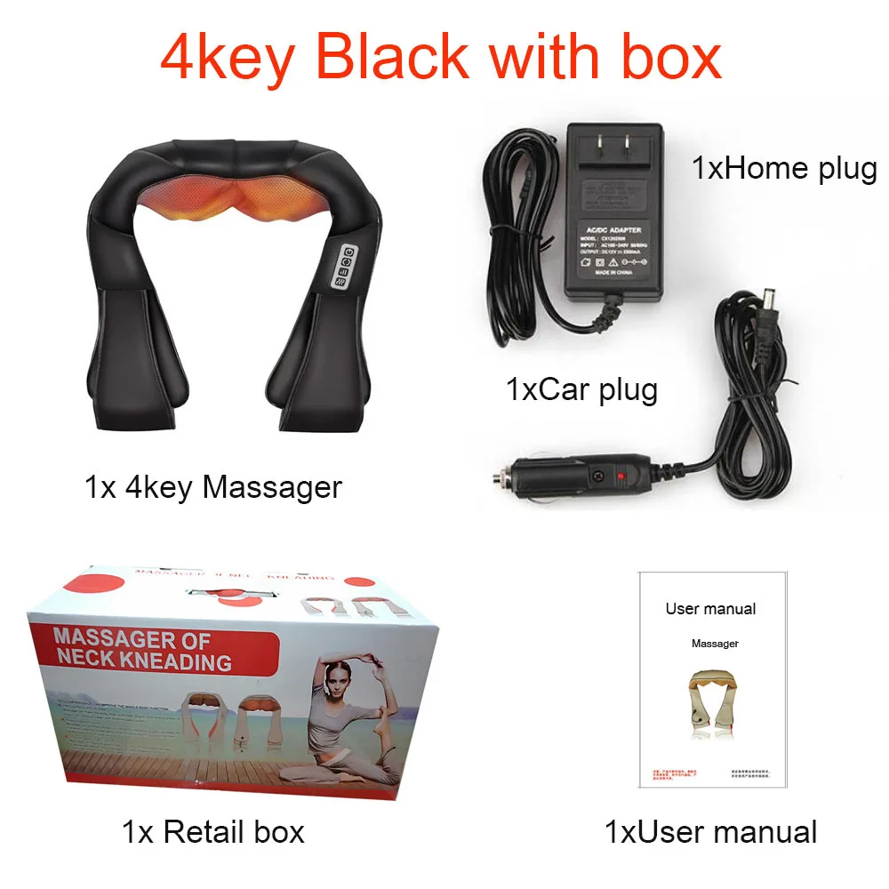 Домашний автомобильный шиацу шейный массажер для спины и шеи шаль Электрический роликовый тепловой прибор ручной китайский домашний автомобильный массажный аппарат - Цвет: 4KEY Black with box