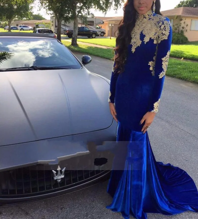 2017 Long Royal Blue Velvet Prom Dresses High Neck Gold Lace Long Sleeve Mermaid Prom Dress