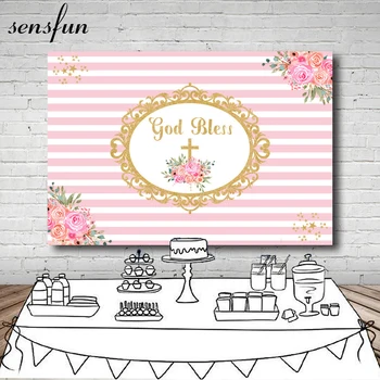 

Sensfun Baby Shower Baptism Pink White Striped Backdrop Flowers Gold Frame Gold Bless Photography Backgrounds For Photo Studio