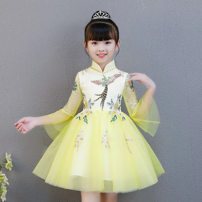 

Chinese Style Flower Girl Dresses Embroidery Princess Party Gowns Flare Sleeve Beading Kids Pageant Dress Birthday Costume B414