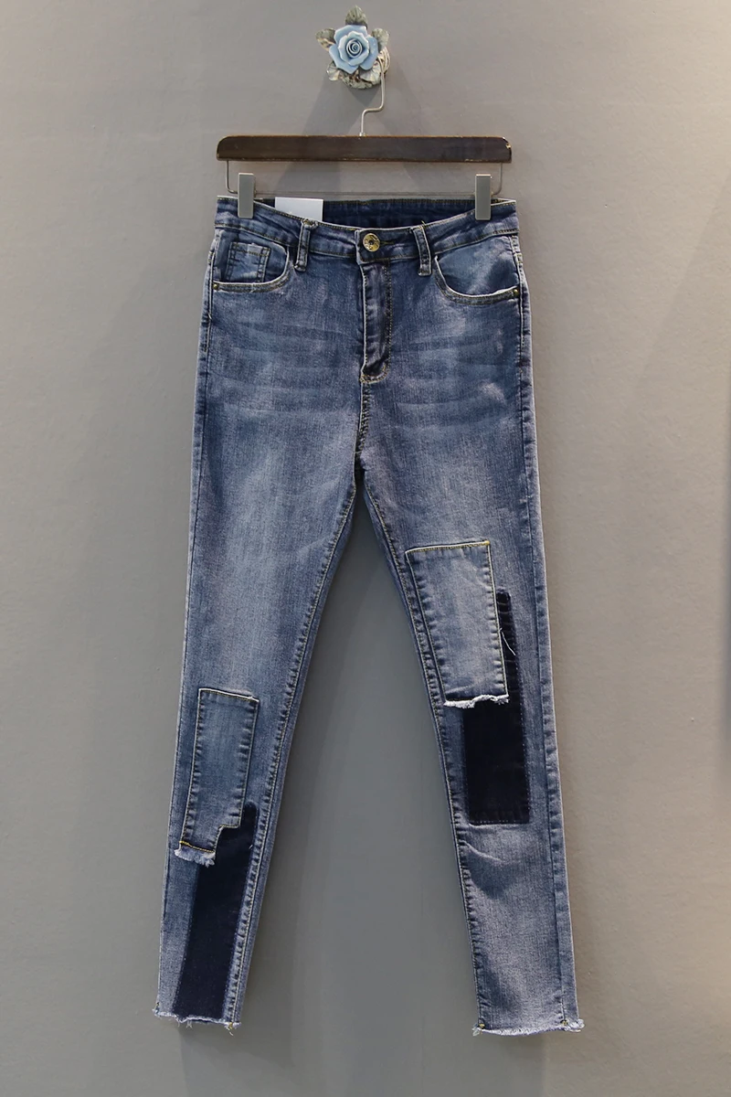 [EWQ] Новинка, осенние джинсовые Лоскутные штаны с карманами, популярные цвета, винтажные длинные штаны, Женская мода AD685