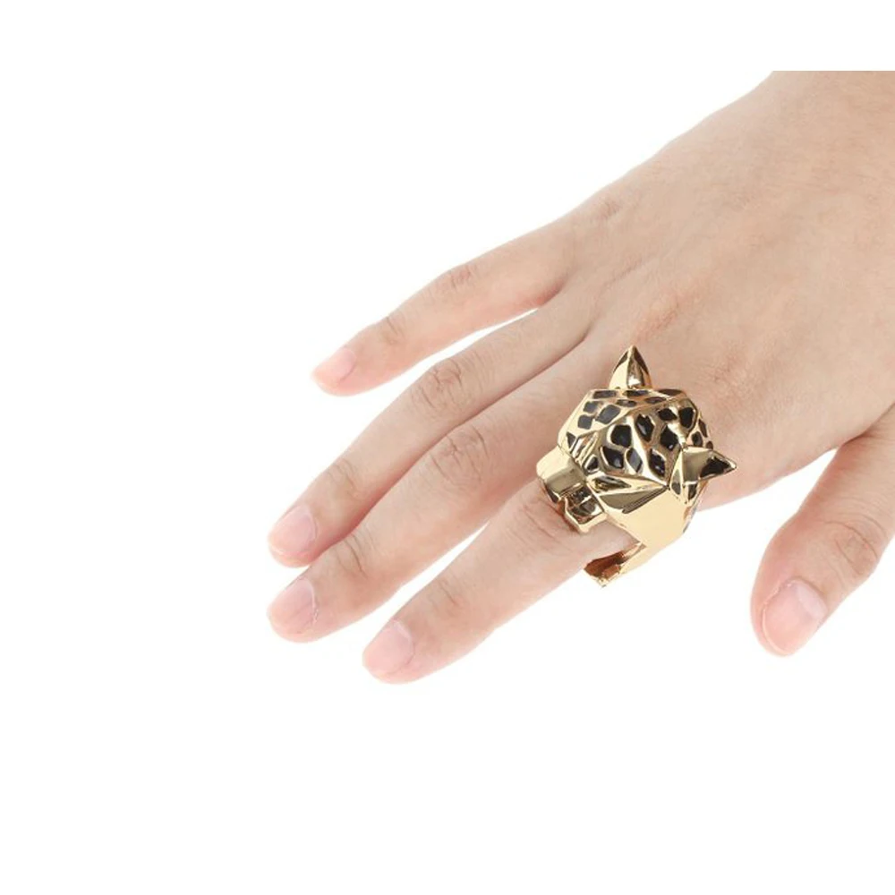Fashion Quality Gold Plating Leopard Man Woman Cocktail Statement Ring Green Zircon Eyes