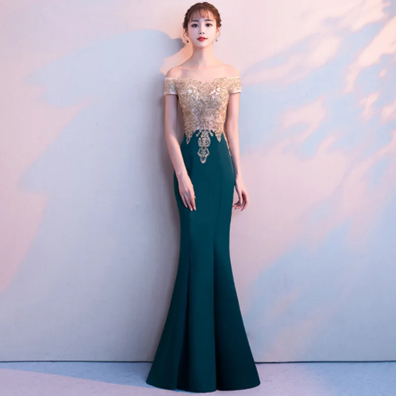 

Green Sequined Beads Off Shoulder Short Sleeve Fashion Mermaid Bodycon Sexy Club Party Dresses Long Elegant Gowns Formal Dress