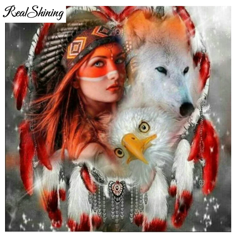 

REALSHINING 3D Diy Diamond Painting Indians Wolf Feather Mosaic 5D Cross Stitch Full Square Diamond Embroidery Home Decor FS1738
