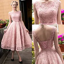 Staubige Rosa Vintage Spitze Tee Länge Kurze Brautkleider Jewel Neck Kappen-hülsen Perlen Korsett Jugendliche Cocktail Prom Party kleid