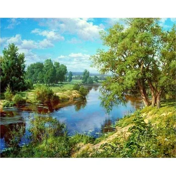 

Painting By Numbers DIY Dropshipping 50x65 60x75cm Green Panasonic Creek Scenery Canvas Wedding Decoration Art picture Gift