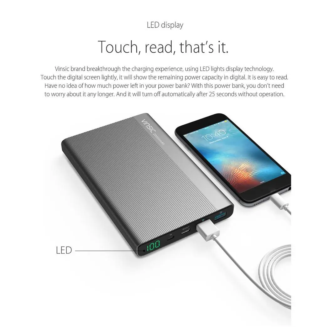 Vinsic 20000 мАч Внешний аккумулятор 2USB Type C LED дисплей внешняя батарея портативное