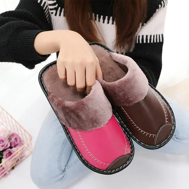 Leather Women Men Couples Home Slippers For Indoor House Bedroom Shoes Comfortable Plush Unsex Warm Mens Slippers Shoes (8)