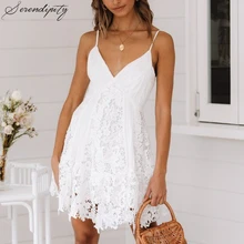 SRDP белое кружевное летнее платье с бретельками для женщин, v-образный вырез, открытая спина, вечерние, короткое платье, бохо, сарафан, свободные, повседневные, пляжные платья