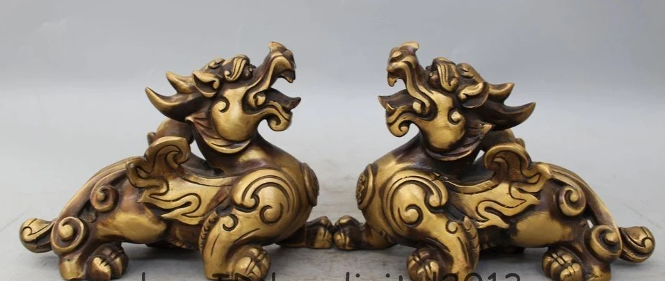 

7" Chinese Bronze Feng Shui Wealth Unicorn Beast Pi Xiu Sculpture Statue Pair