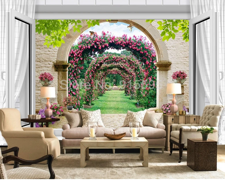 Европейский стиль 3D окно пространственное расширение арки цветок лоза маленькая дорога настенной бумаги гостиная фон фото обои