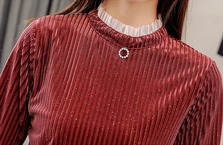  Thicken Velvet Blusas Femininas Women Autumn Winter Warm Ruffles Elegant Office Blouses Long Sleeve