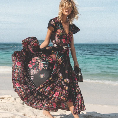 BEFORW Boho сексуальное летнее платье с v-образным вырезом Vestidos винтажное платье макси с принтом женское асимметричное пляжное Модное Длинное Платье - Цвет: Черный