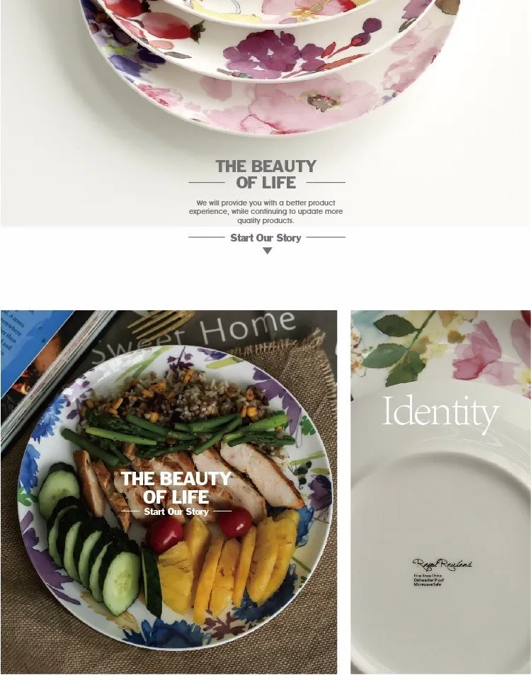 Креативные декоративные акварельные цветочные тарелки из костяного фарфора, керамическая посуда, глазурованные круглые десертные тарелки, салатные фруктовые блюда