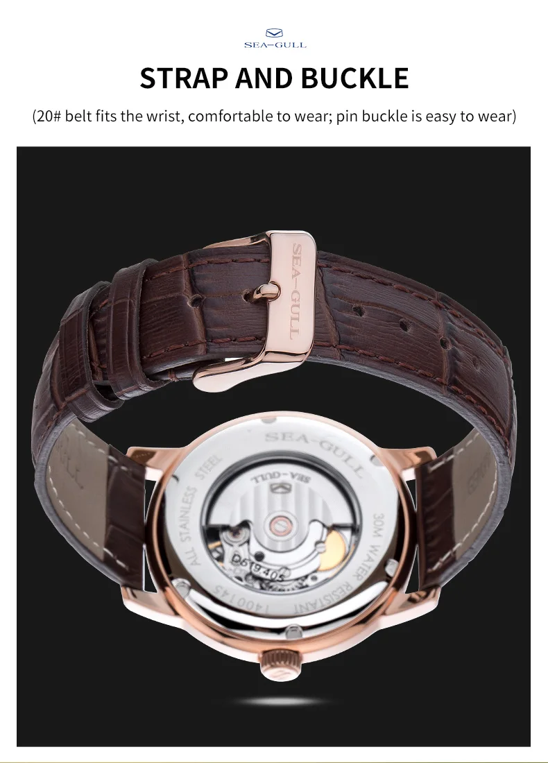 Sea-Gull Couple Mechanical Watches Lover Men Women Simple Leather Buckle 30m Waterproof Calendar Watches Stainless D519.405