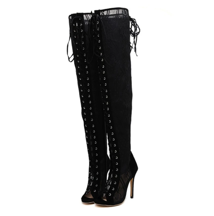 

Cut Out Crochet Flower Lace Over The Knee Thigh High Boots Open Toe Gladiator Sandals Sexy Party Clubwear Women Fetish Shoes
