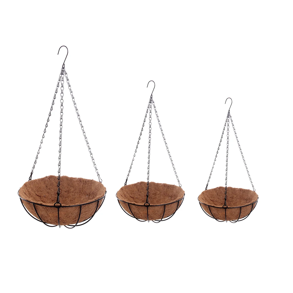 3pcs Hanging Coconut Basket Planter Flower Pot Back Black Metal Frame Hanger for Home Decoration Accessories
