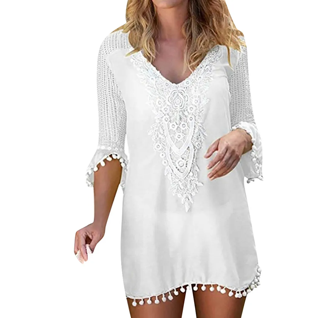 Womail Cover-Ups Women Pom Pom Trim Tassel Lace Crochet Swimwear Beach Cover Up Loose Summer Dress Techwear W3044