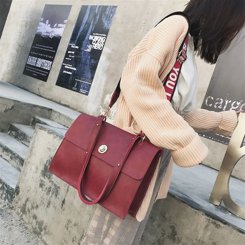 

Retro Casual Crossbody bags 2019 European Fashion Tote bag Fashion Wide Strap Messenger Handbag Girls Simple Shoulder Bags