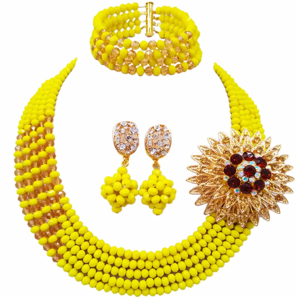 

Fashion Opaque Yellow Gold Multi Strands Statement Necklace Nigerian Wedding African Beads Jewelry Set Crystal 5JZ10