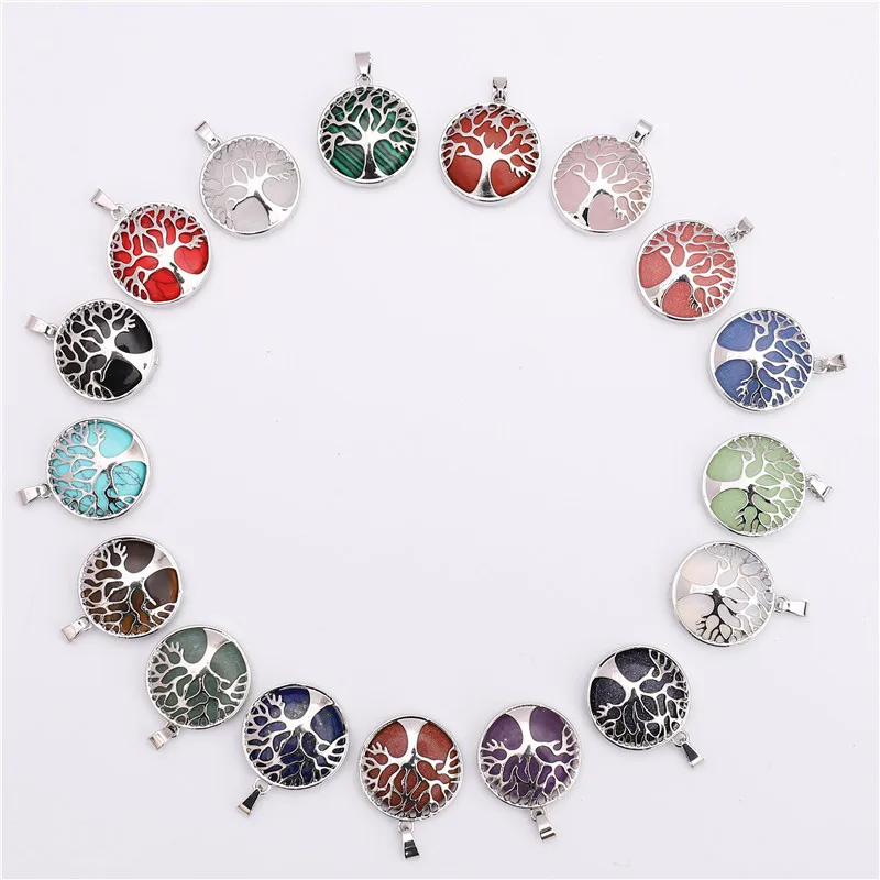 

Mixed Crystal Stone Tree of Life Pendant Crystal Pink Quartz Amethysts Tiger Eye Green Aventurine Reiki Natural Stone Pendant
