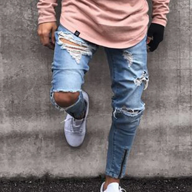 New Men Hip Hop Jeans Hole Cowboy No Elastic Foot Zipper Fashion Denim Joggers Mens Jeans Skinny Jeans Men