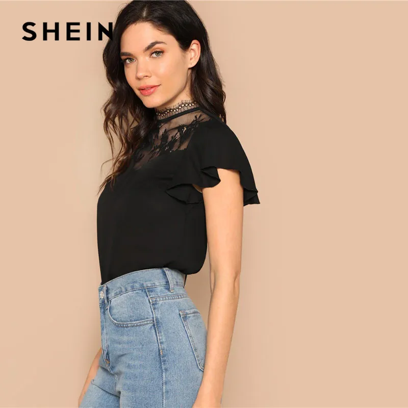 SHEIN Топ С Оригинальным Рукавом И Цветочной Кружевной Вставкой, Нарядный Офисный Топ С Коротким Рукавом