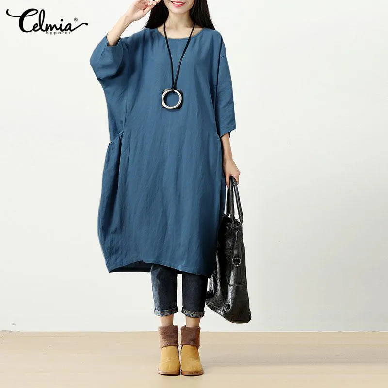

2019 Celmia Women Casual Solid Autumn Dress Loose Full Sleeve O Neck Button Dress Retro Cotton Linen Mid Calf Dress Vestido