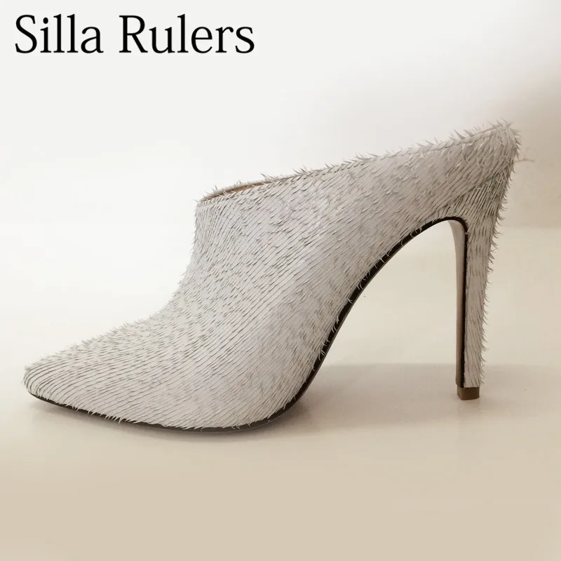 

Silla Rulers White leather high heeled shoes pointed toes Muller slippers women fashion Stiletto slippers