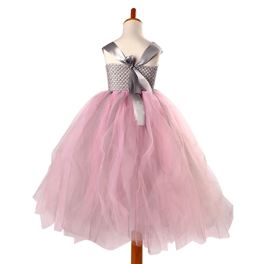 Princess Pink and Grey Flowers Tutu Dress with headband Girls Formal Wedding (5)