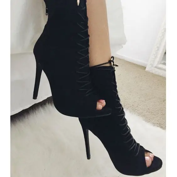 new fashion black suede lace-up ankle boots sexy open toe woman high heel boots summer fashion boots