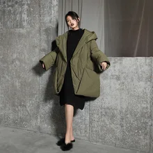 Дизайн, большой карман, двубортный, с капюшоном, большой размер, длинное зимнее пальто, белый утиный пух, куртка для женщин