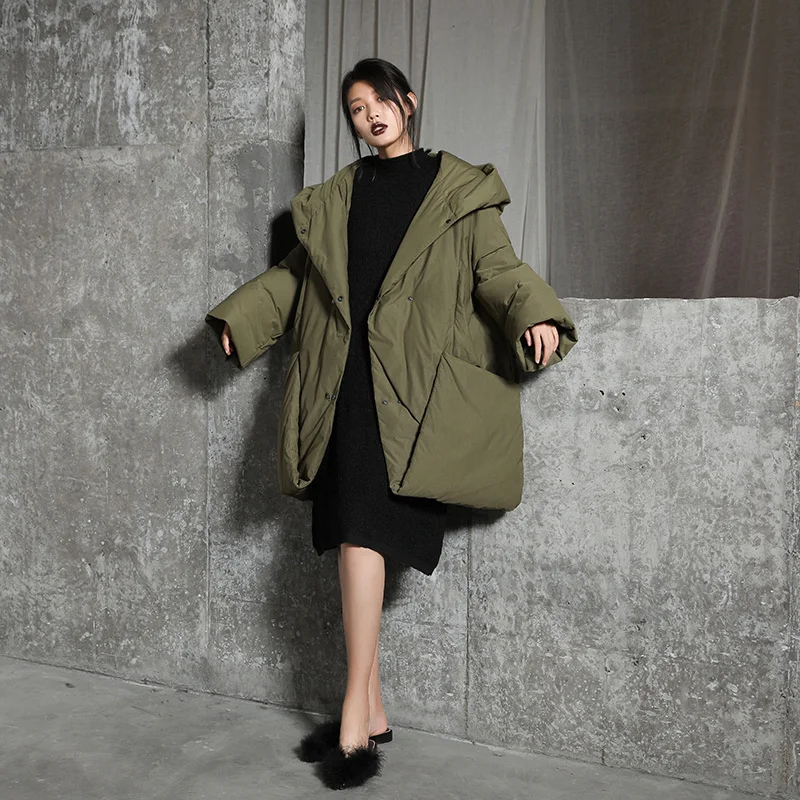 

Original Design 2017 large pocket double breasted hooded oversized long winter coat white duck down jacket women
