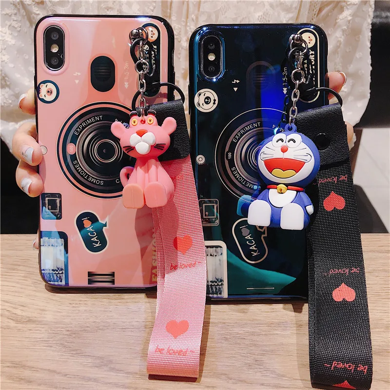 

Wrist Strap Camera Case For iphone 6 6s 7 8 Plus X XS Max XR iphone 11 Pro Max Soft Silicone Cover Pink Panther Toy Phone Holder