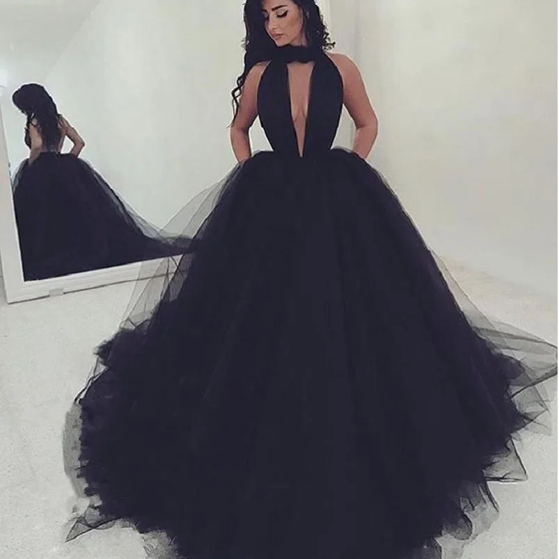 

Sexy Black Puffy Tulle Long Prom Gowns Halter Open Bust Lush Tutu Ball Gowns Custom Made Formal Clothing 2019