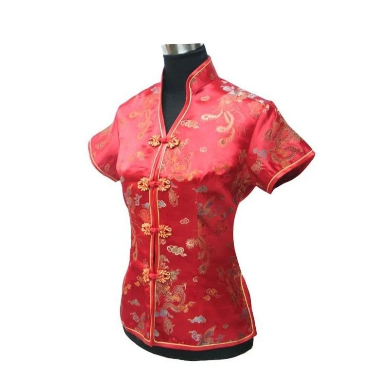 Женская винтажная блузка Dragon & Phoenix летняя черная в китайском стиле размеры S M L XL