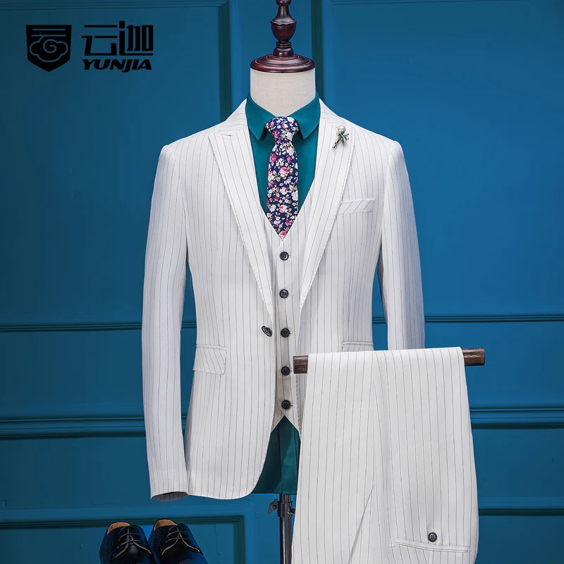 

Latest Coat Pant Designs White Vertical Stripe Men Suit Slim Fit Tuxedos Custom Made Groom wedding For Men Tailored Suits Terno