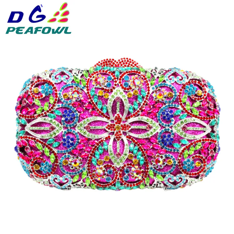 

DG PEAFOWL Luxury Fashion Diamond Women Evening Clutches Handbag Colorful Crystal Flower Purses 2019 Chain Party Wallet Bags