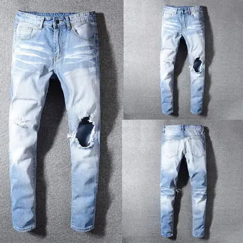 

High Quality Fashion Skinny Jeans Stretch Casual Pants New Designer Classical Jeans Men Hole Light Blue Color Men Jeans