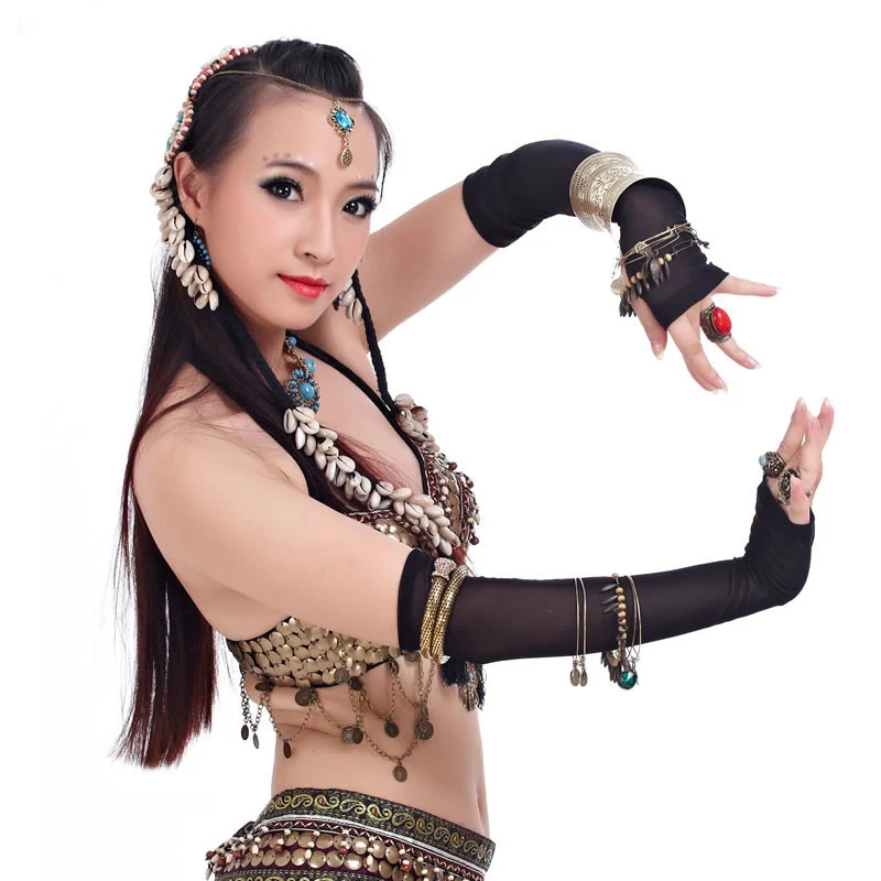 

2016 Women Tribal Belly Dance Costume Gypsy Dance Accessories Black Lady Sexy Sleeve Mesh Sleeves Gypsy Jewelry