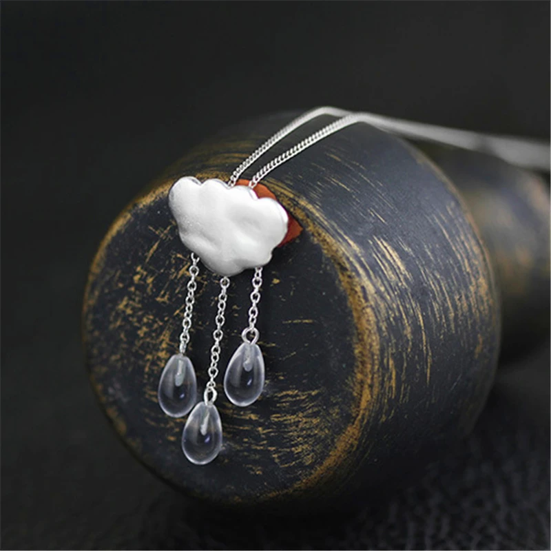 Lotus Fun Brand 925 Sterling Silver Pendant for Women Teardrop Crystal Cloud Rain Tassels Pendants without Chain Fine Jewelry