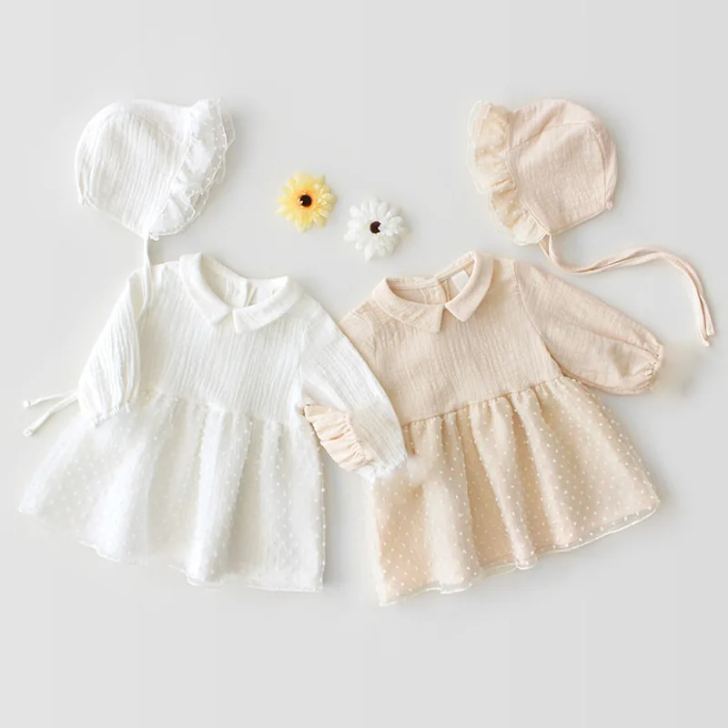 

1637 Autumn Baby Girl Long-sleeved Mesh Romper Dress And Hat Pure Cotton Baby Girls Clothes Two-piece Climbing Suit