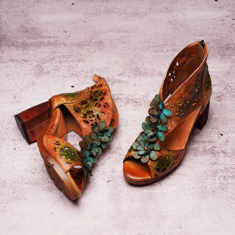 Women Gladiator Sandals Embroidery Leather 7 CM High Heels Chunky Sandals Peep Toe Handmade Genuine Leather Women Sandals Brand