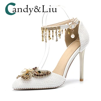 

White Pearl Colorful Crystal Butterfly Sandals Super High Heel Pointed Toe Gold Tassel Ankle Strap Women Pumps for Party Banquet